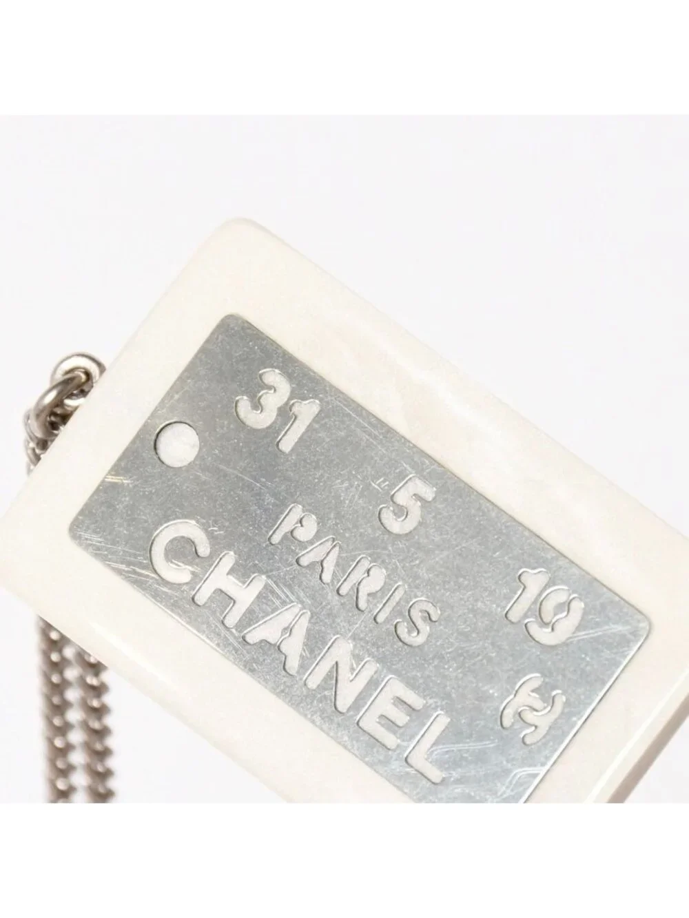 Chanel Plate Necklace White Silver Chain